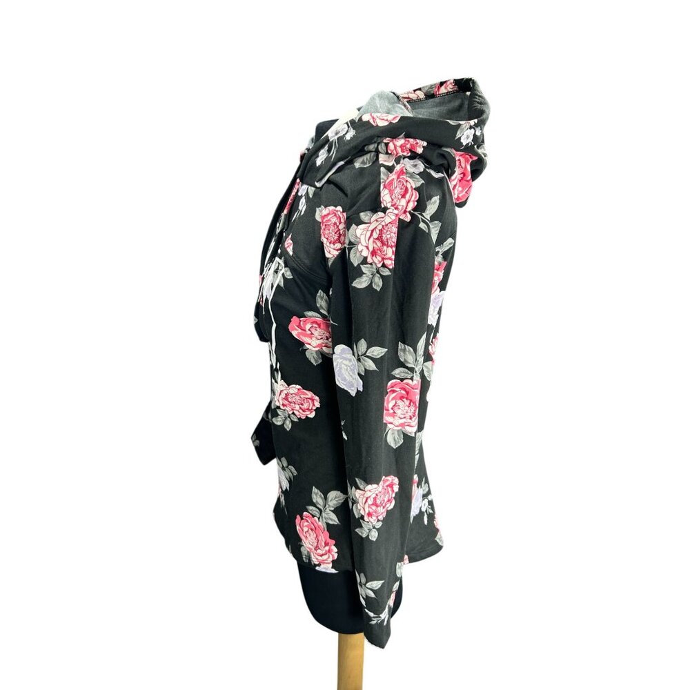 Good Vibes Floral Print Hoodie Sweatshirt Black Pink Roses Womens M Infinite Per - Picture 2 of 9
